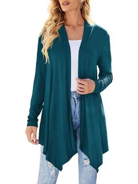 Women's Teal Green Lightweight Long Sleeve Open Front Duster Cardigan Sweaters